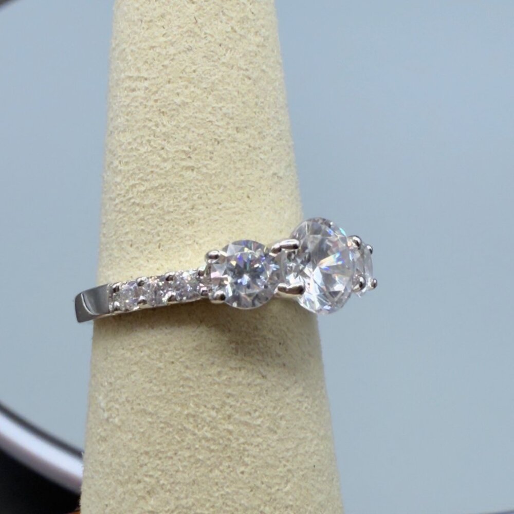 Three Stone Cubic Zirconia Engagement Ring Silver Tone Round Cut Size 6 - Picture 11 of 14